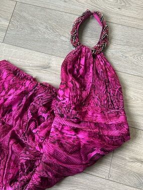 Carmen Marc Valvo Silk Snake Print Evening  Beaded Collar Dress Size 6